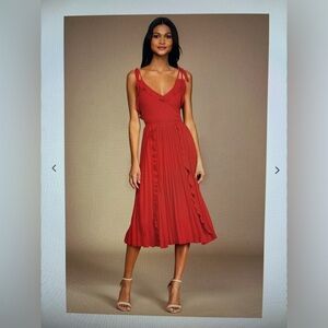 LULUS Never a Dull Moment Bright Red Tie-Strap Pleated Midi Dress